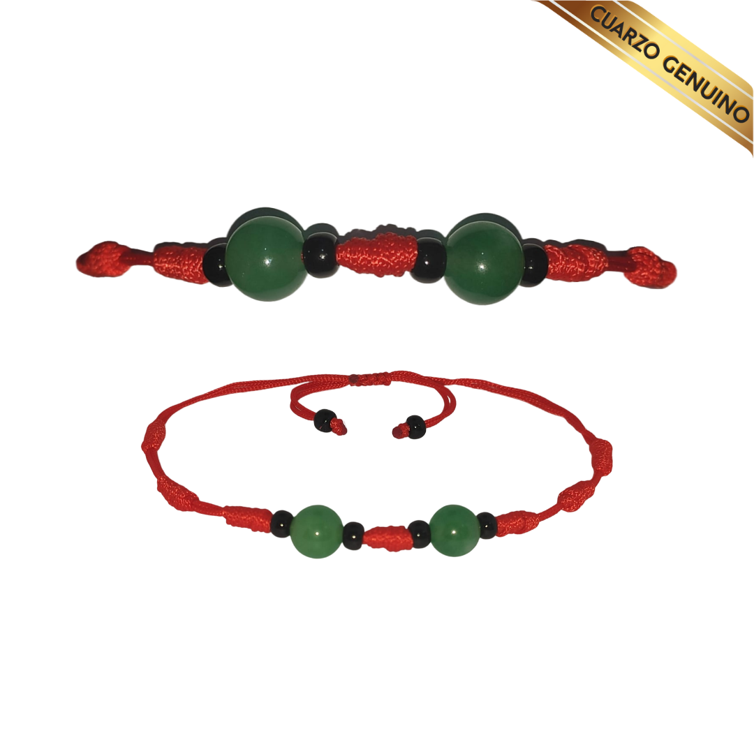 Pulsera Hilo Rojo 7 Nudos 2 Cuarzo Jaspe Verde (6 Chaquira Negra)