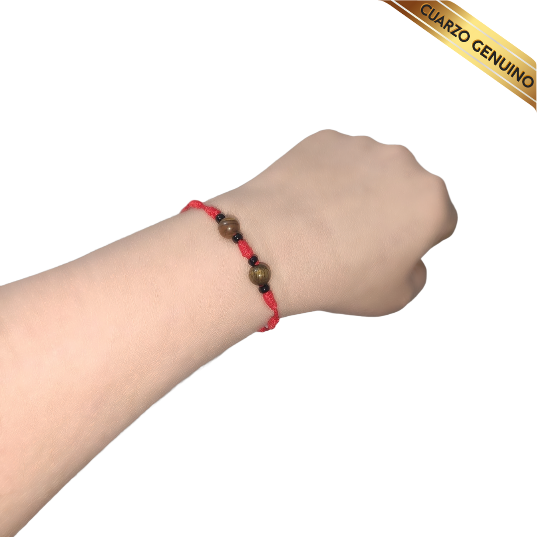 Pulsera Hilo Rojo 7 Nudos 2 Cuarzo Ojo de Tigre (6 Chaquira Negra)