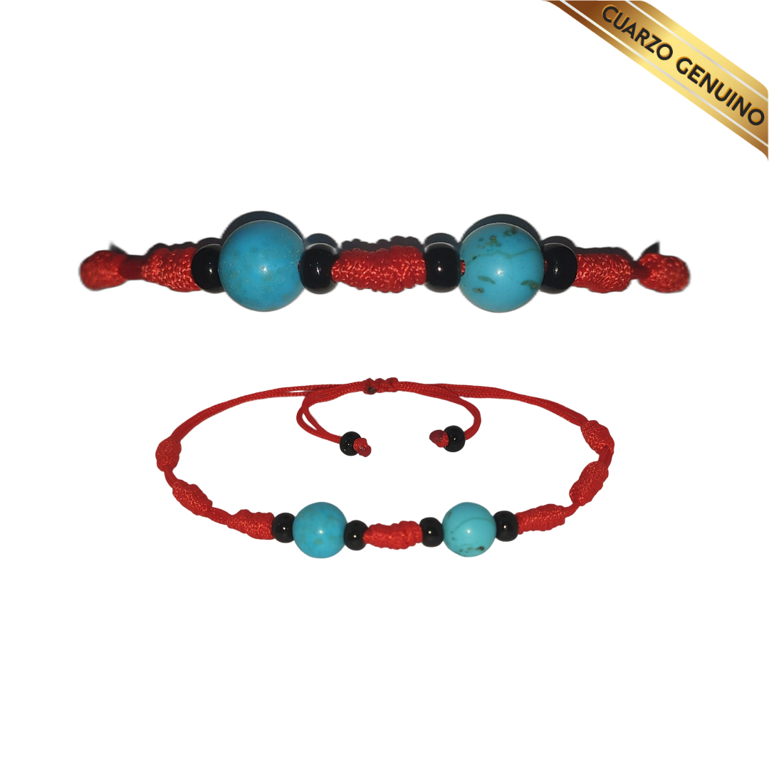 Pulsera Hilo Rojo 7 Nudos 2 Cuarzo Turquesa (6 Chaquira Negra)