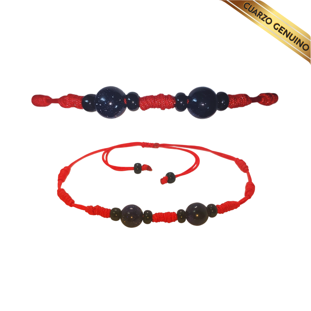 Pulsera Hilo Rojo 7 Nudos 2 Cuarzo Aventurina Azul (6 Chaquira Negra)