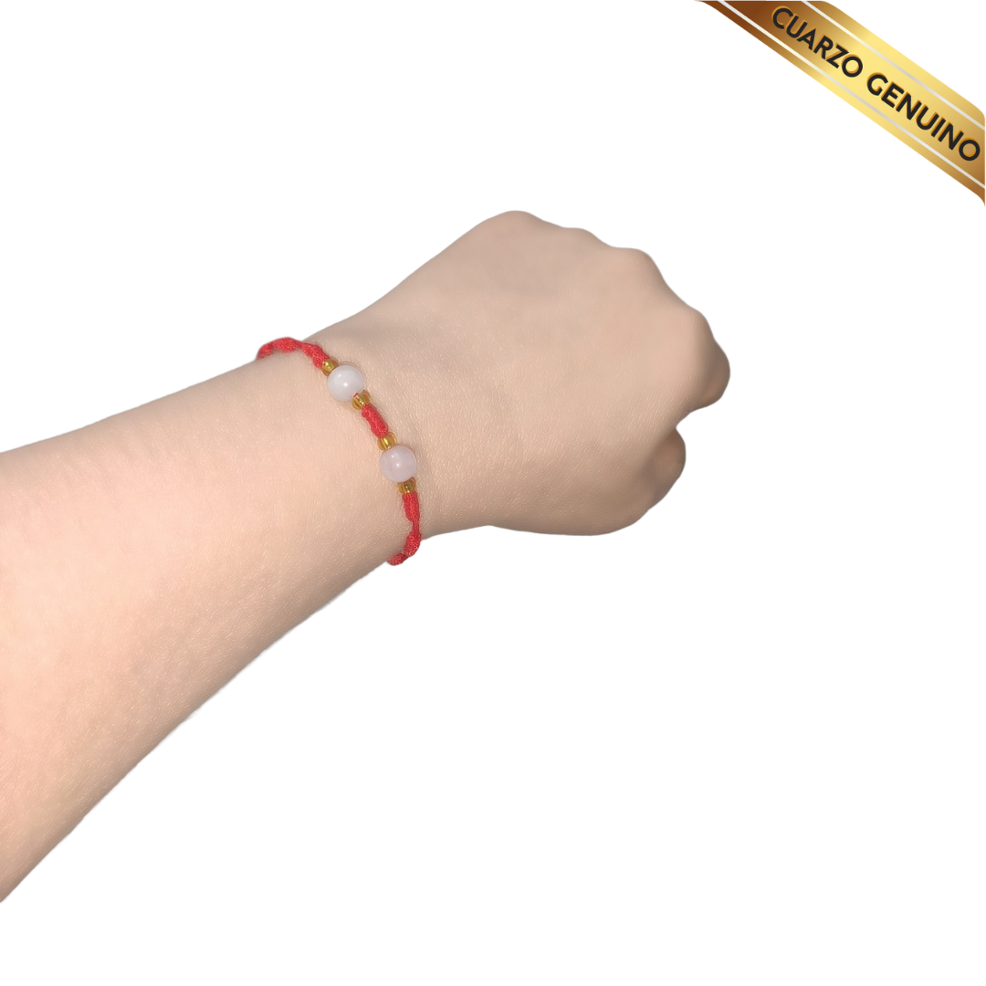 Pulsera Hilo Rojo 7 Nudos 2 Cuarzo Rosa (6 Chaquira Dorada)