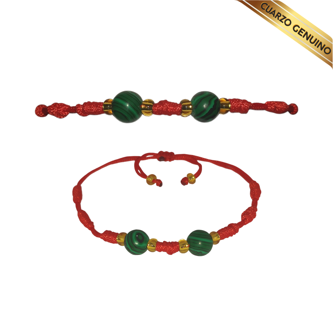 Pulsera Hilo Rojo 7 Nudos 2 Cuarzo Malaquita (6 Chaquira Dorada)