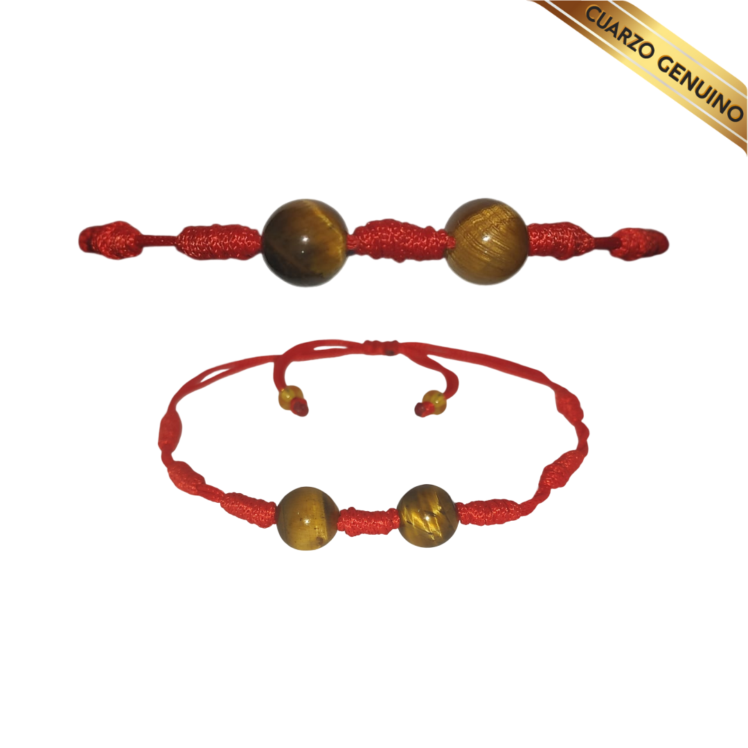 Pulsera Hilo Rojo 7 Nudos 2 Cuarzo Ojo de Tigre (2 Chaquira Dorada)