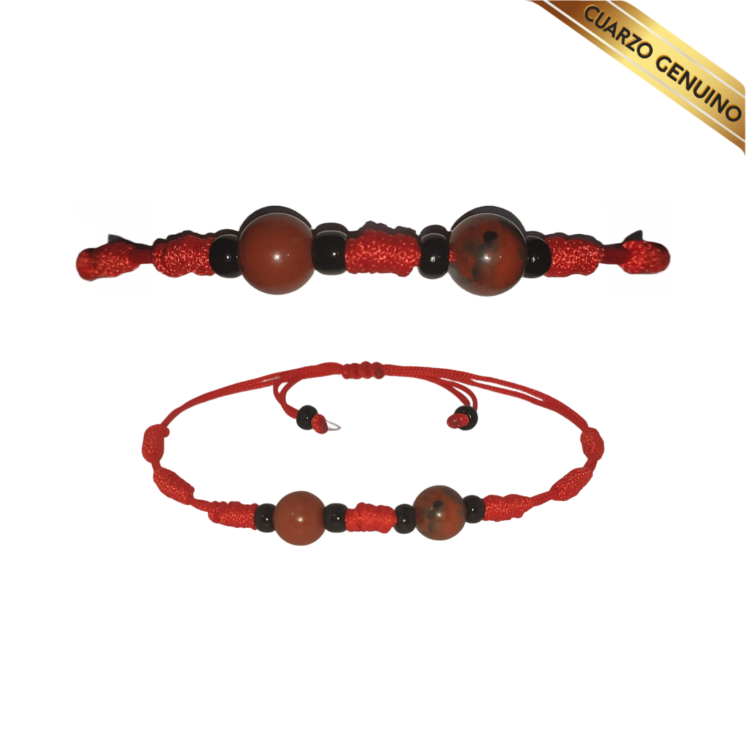 Pulsera Hilo Rojo 7 Nudos 2 Cuarzo Jaspe Rojo (6 Chaquira Negra)