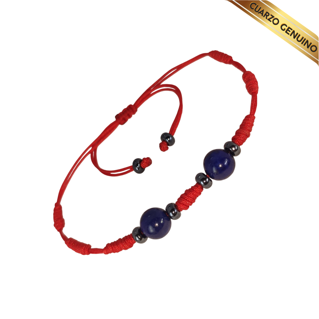 Pulsera Hilo Rojo 7 Nudos 2 Cuarzo Lapislázuli (6 Chaquira Plomo)