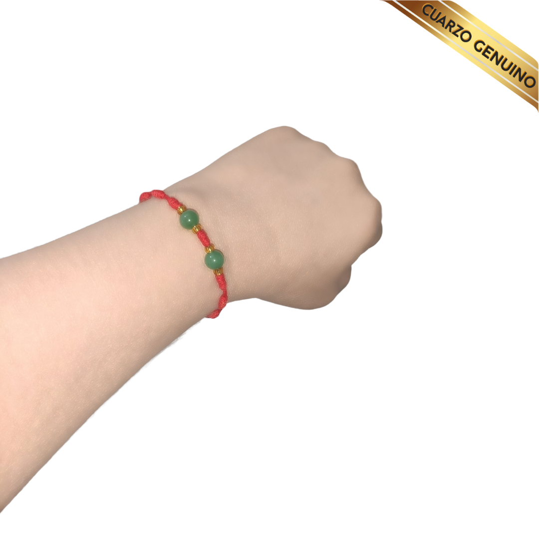 Pulsera Hilo Rojo 7 Nudos 2 Cuarzo Jaspe Verde (6 Chaquira Dorada)