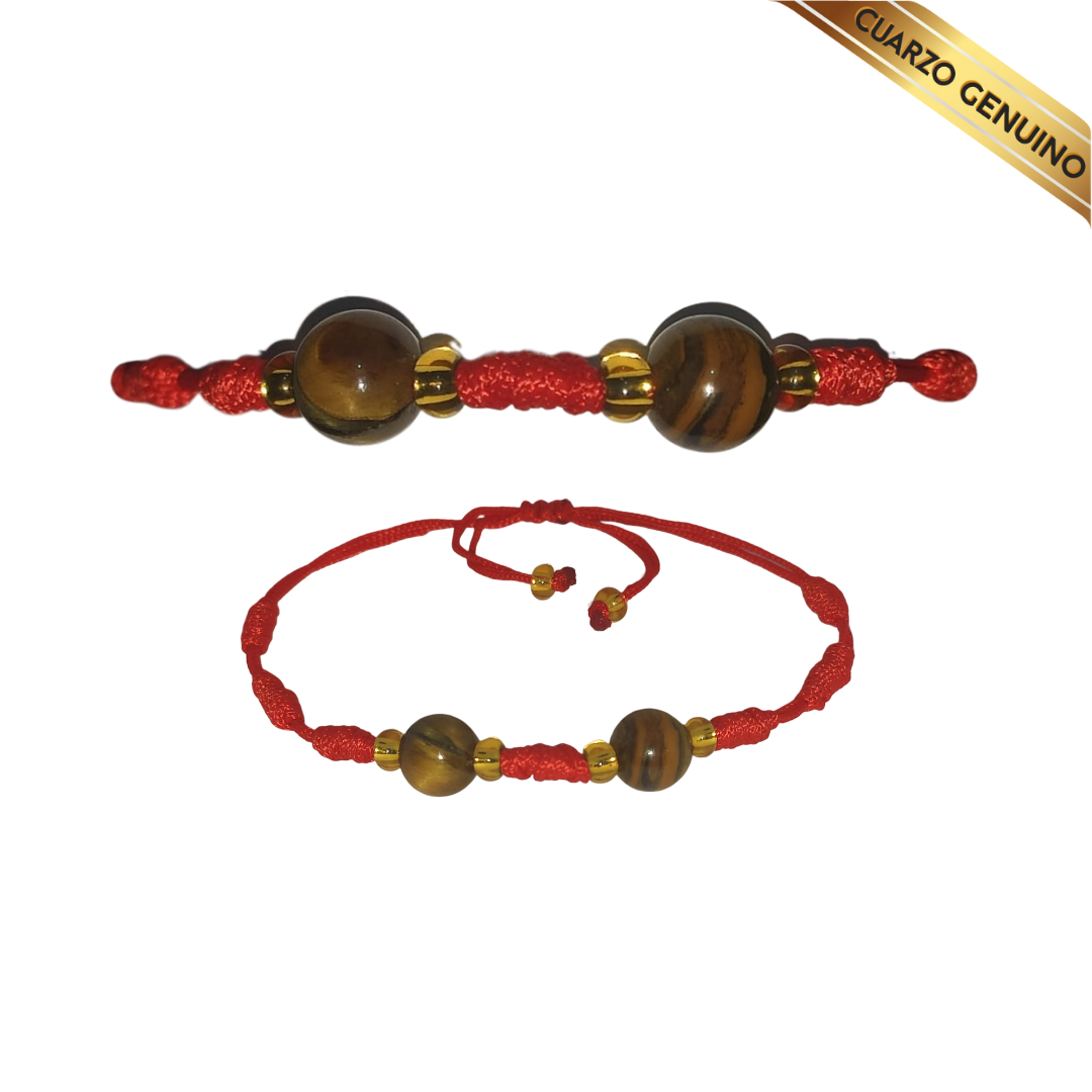 Pulsera Hilo Rojo 7 Nudos 2 Cuarzo Ojo de Tigre (6 Chaquira Dorada)