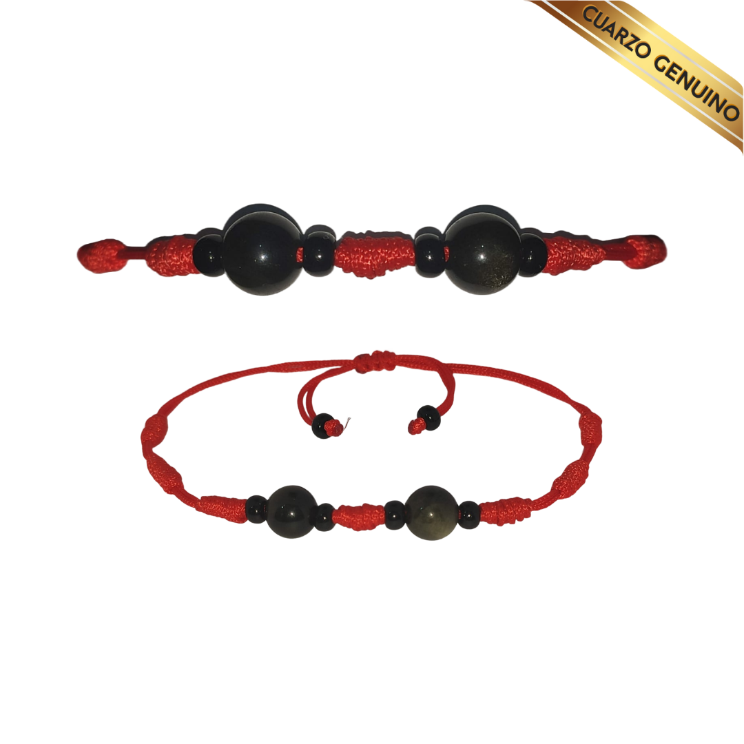 Pulsera Hilo Rojo 7 Nudos 2 Cuarzo Obsidiana Negra (6 Chaquira Negra)