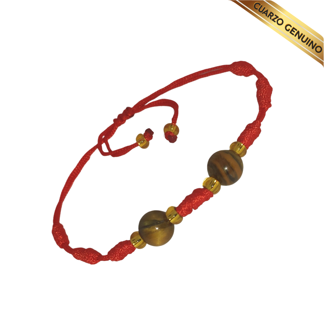Pulsera Hilo Rojo 7 Nudos 2 Cuarzo Ojo de Tigre (6 Chaquira Dorada)