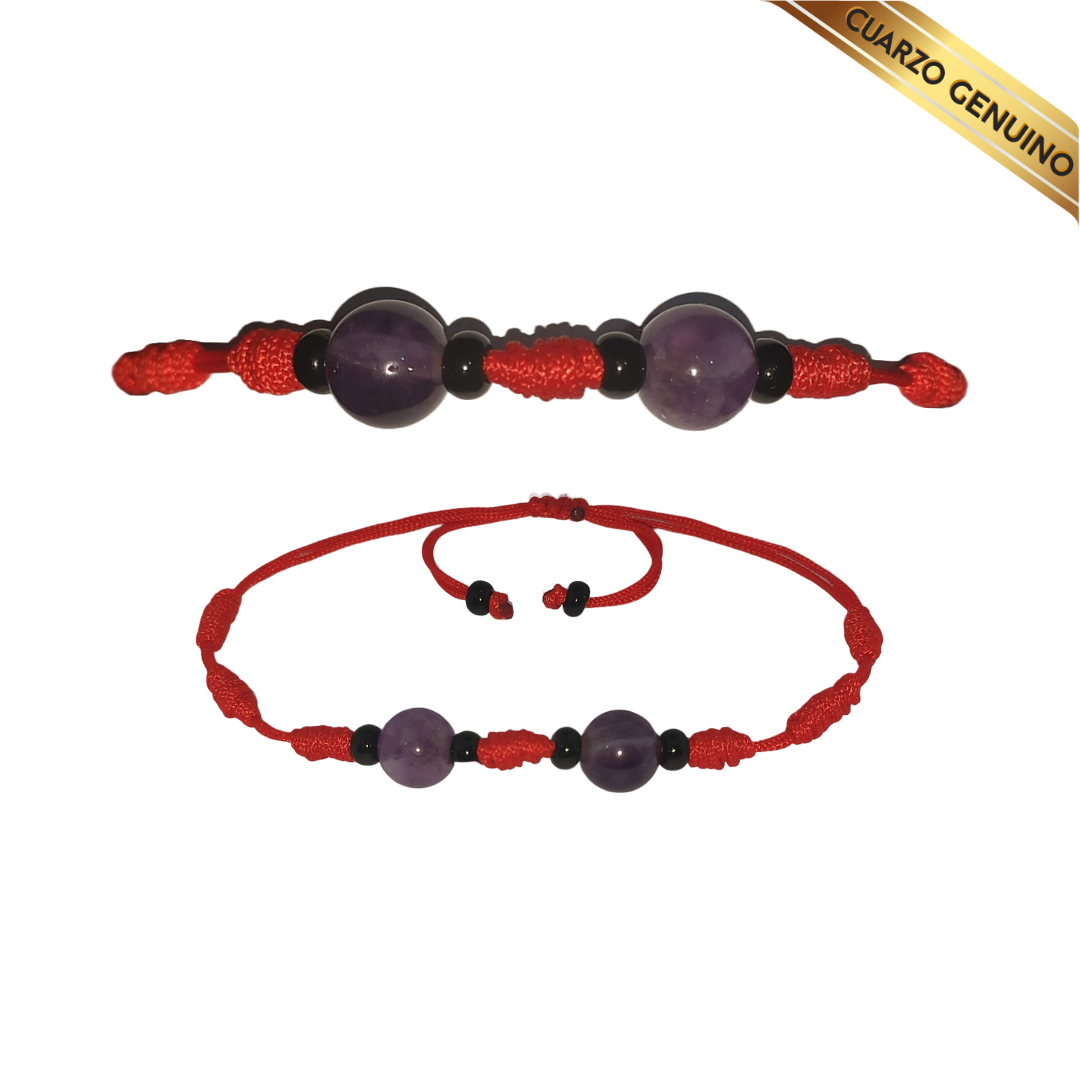 Pulsera Hilo Rojo 7 Nudos 2 Cuarzo Amatista (6 Chaquira Negra)