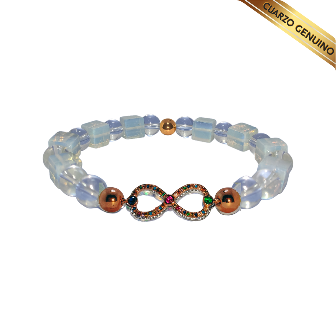 Pulsera Cuarzo Piedra Luna (Tallado en Cubo) y Cuarzo Cristal (Redondo) N° 10