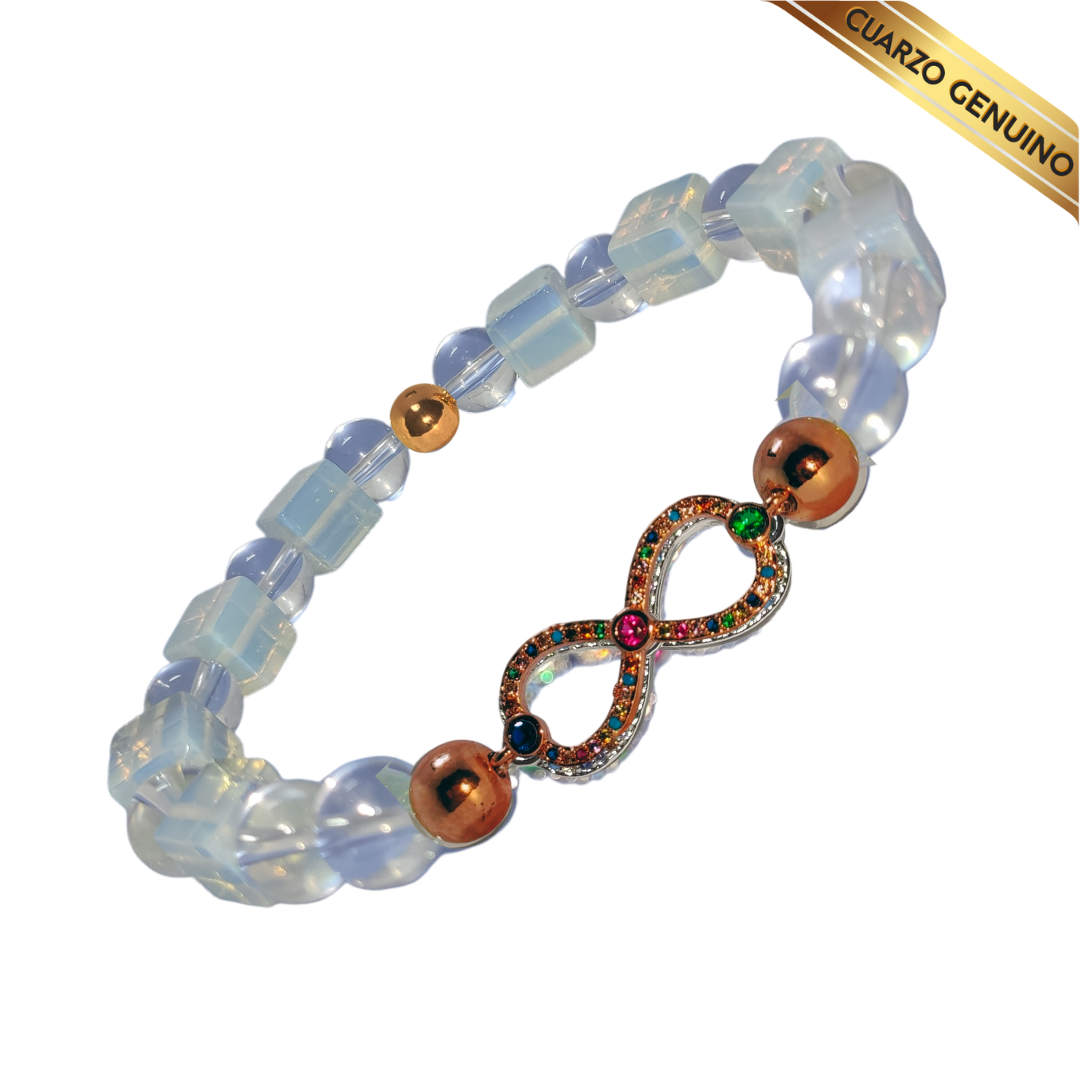 Pulsera Cuarzo Piedra Luna (Tallado en Cubo) y Cuarzo Cristal (Redondo) N° 10