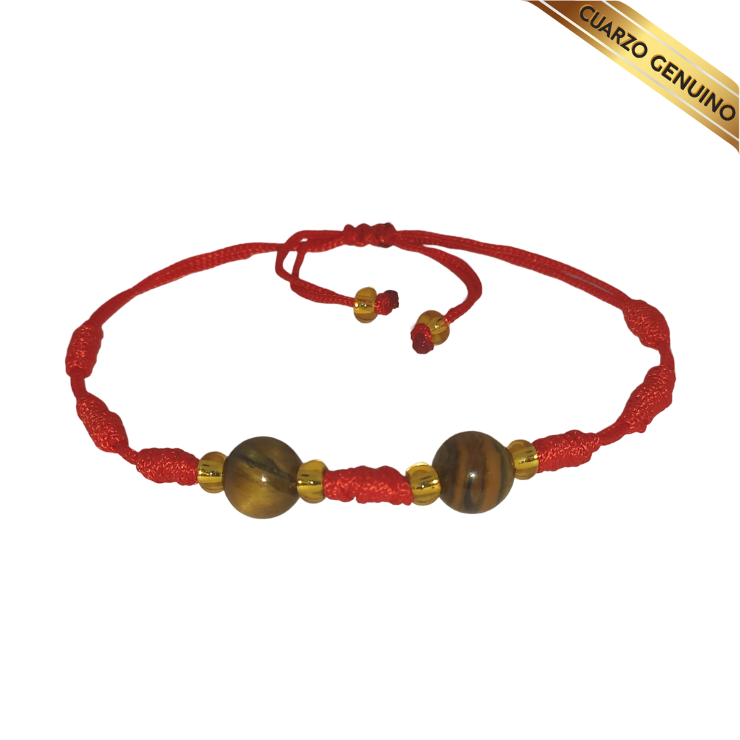 Pulsera Hilo Rojo 7 Nudos 2 Cuarzo Ojo de Tigre (6 Chaquira Dorada)