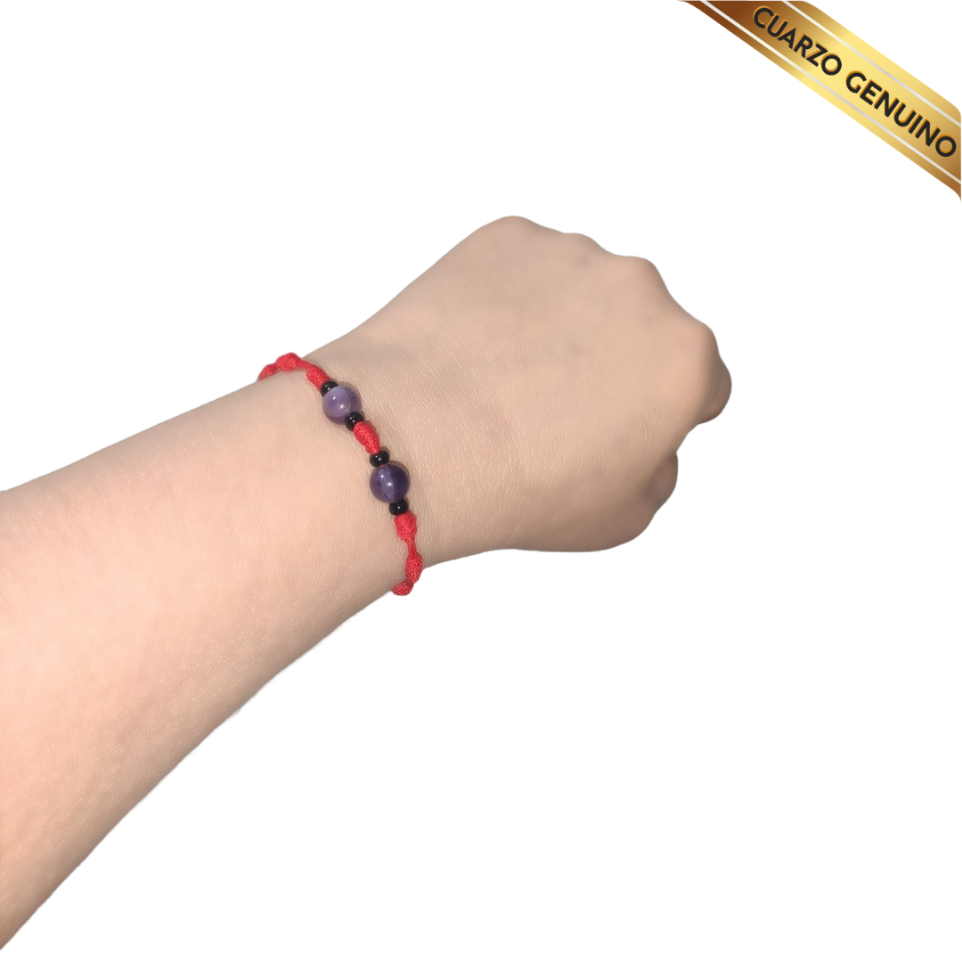 Pulsera Hilo Rojo 7 Nudos 2 Cuarzo Amatista (6 Chaquira Negra)
