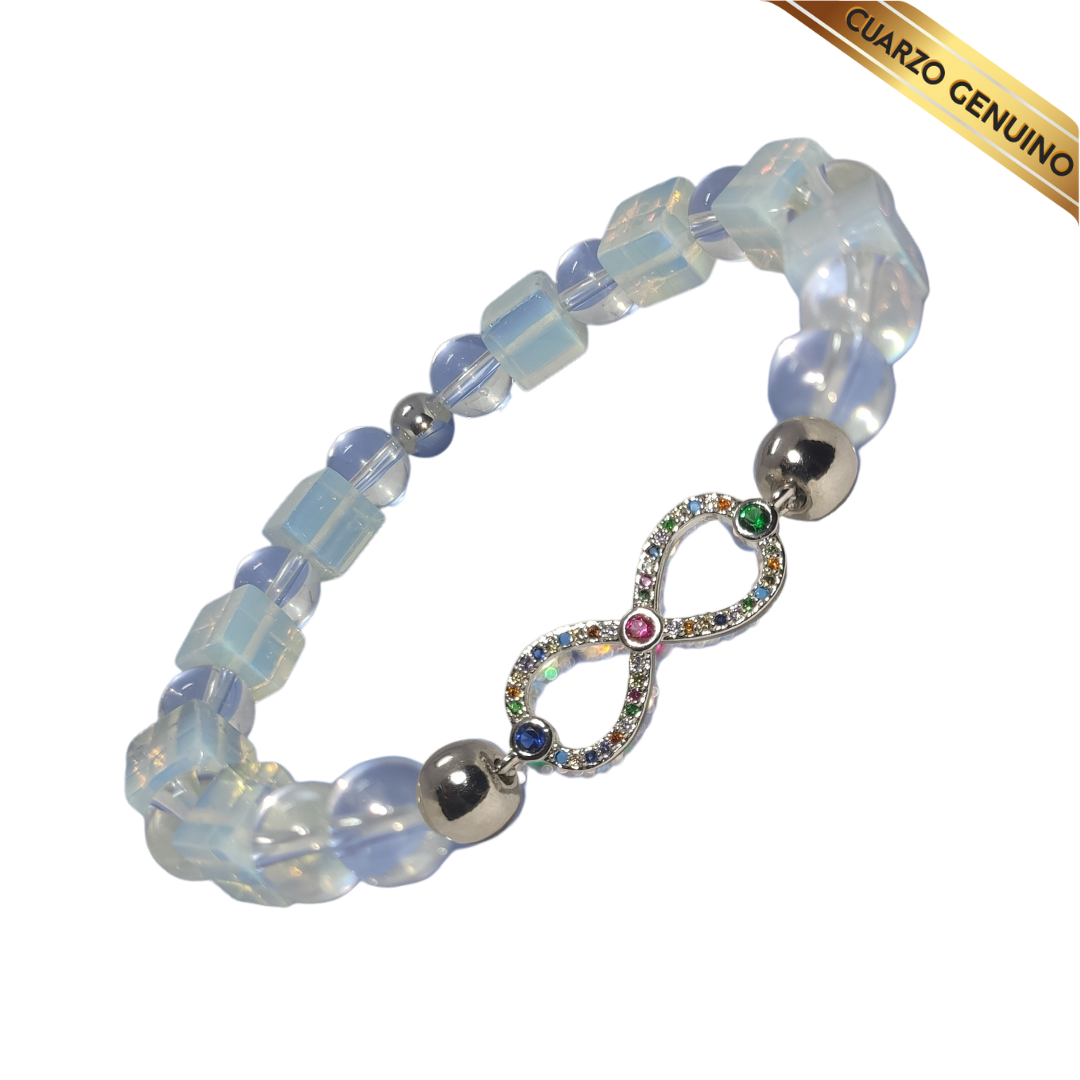 Pulsera Cuarzo Piedra Luna (Tallado en Cubo) y Cuarzo Cristal (Redondo) N° 10