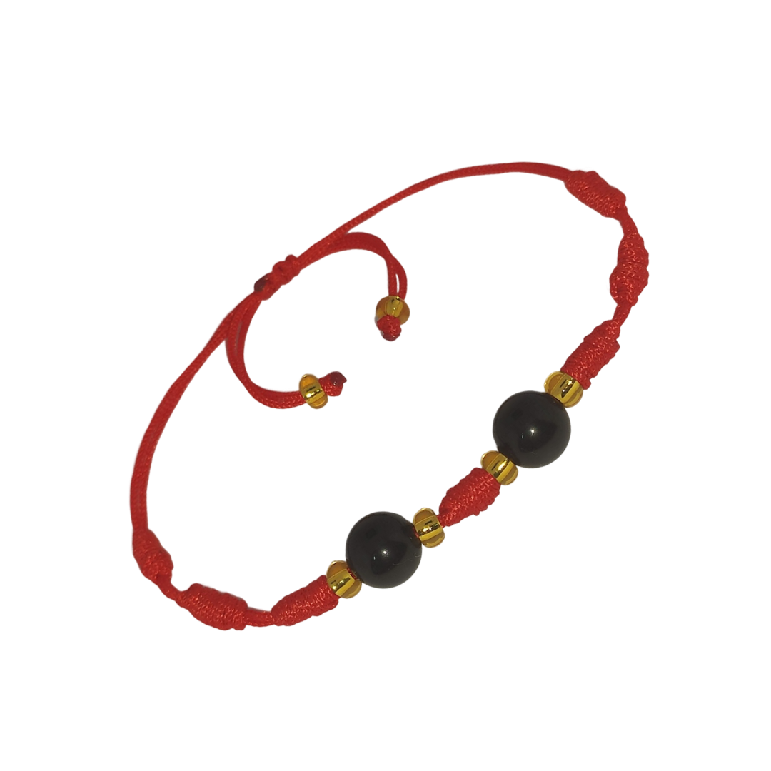 Pulsera Hilo Rojo 7 Nudos 2 Cuarzo Obsidiana Negra (6 Chaquira Dorada)