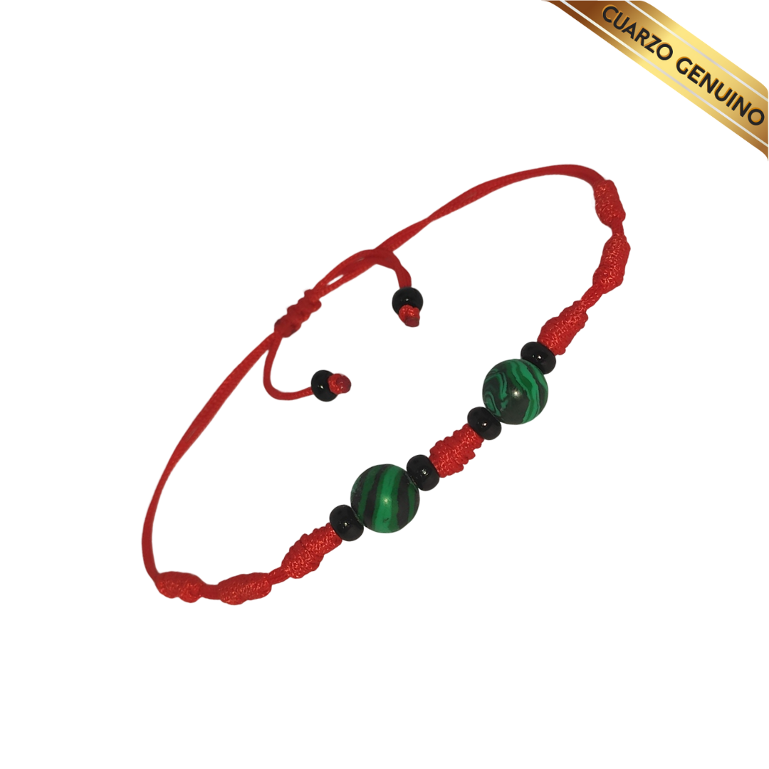 Pulsera Hilo Rojo 7 Nudos 2 Cuarzo Malaquita (6 Chaquira Negra)