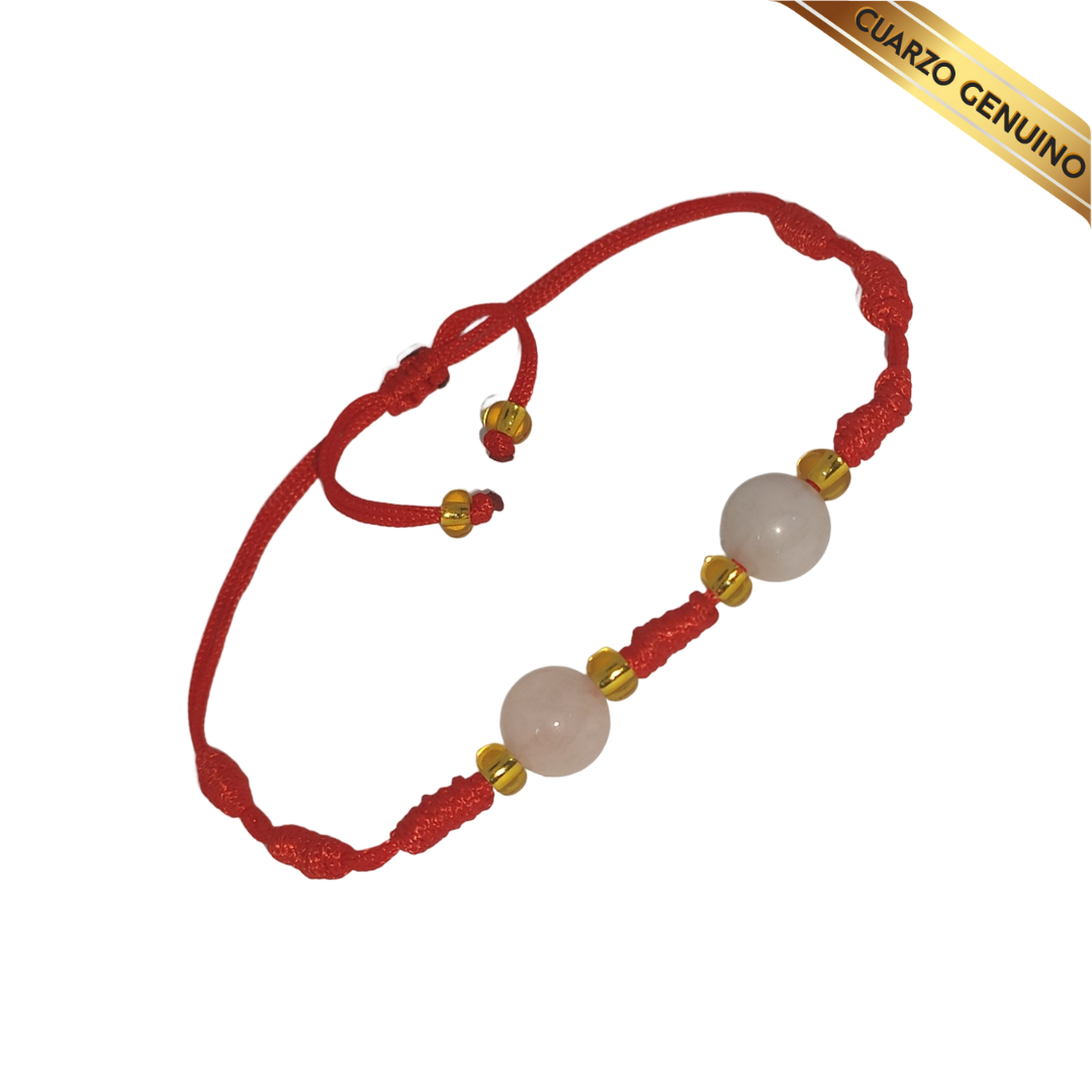 Pulsera Hilo Rojo 7 Nudos 2 Cuarzo Rosa (6 Chaquira Dorada)