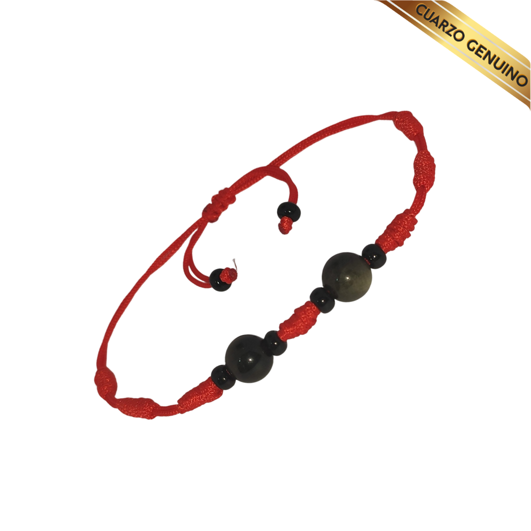 Pulsera Hilo Rojo 7 Nudos 2 Cuarzo Obsidiana Negra (6 Chaquira Negra)