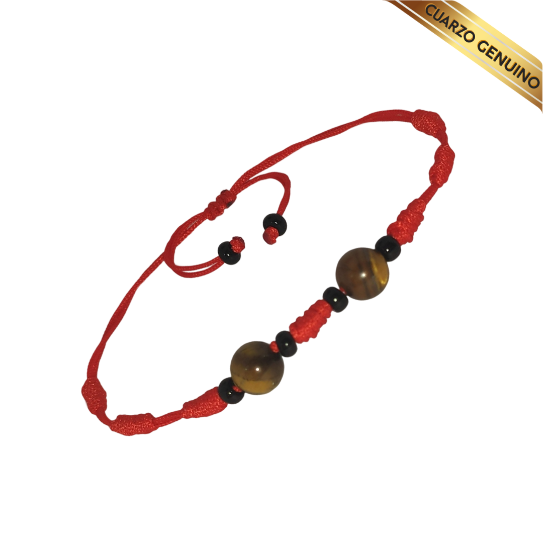 Pulsera Hilo Rojo 7 Nudos 2 Cuarzo Ojo de Tigre (6 Chaquira Negra)