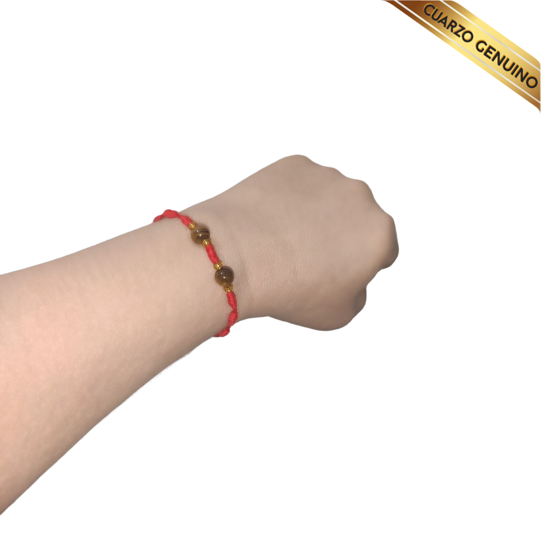 Pulsera Hilo Rojo 7 Nudos 2 Cuarzo Ojo de Tigre (6 Chaquira Dorada)