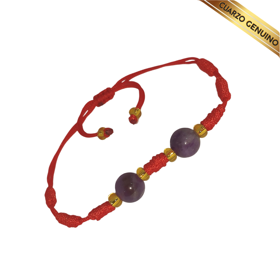 Pulsera Hilo Rojo 7 Nudos 2 Cuarzo Amatista (6 Chaquira Dorada)