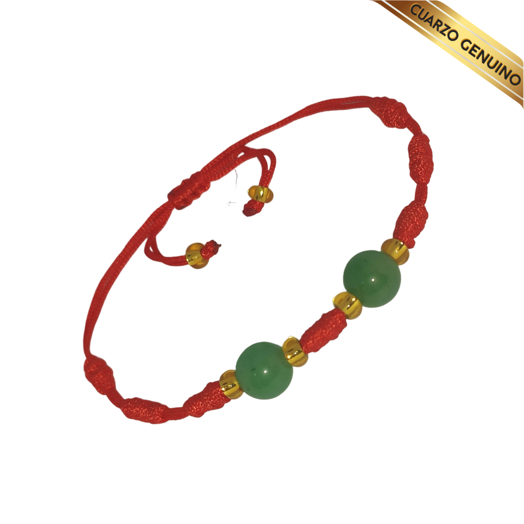 Pulsera Hilo Rojo 7 Nudos 2 Cuarzo Jaspe Verde (6 Chaquira Dorada)