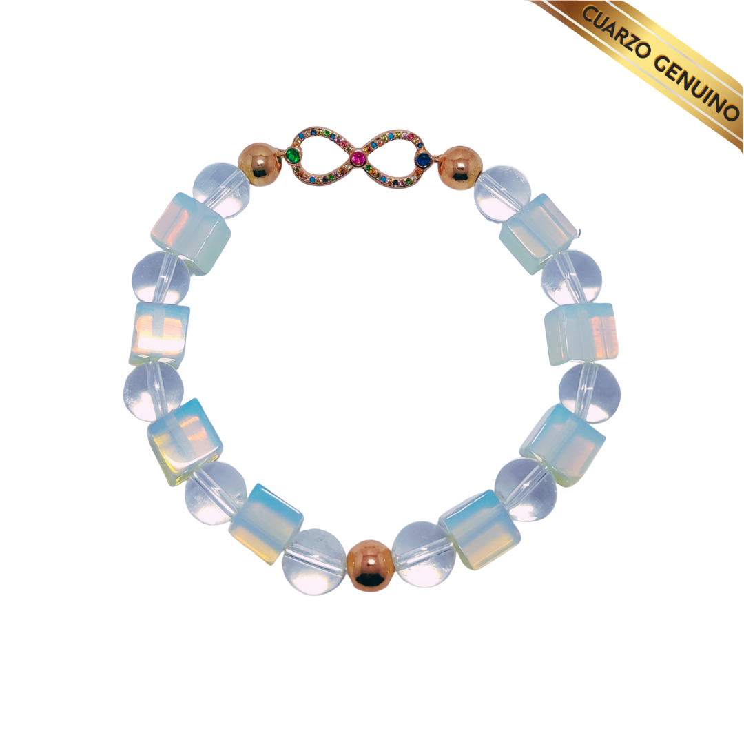 Pulsera Cuarzo Piedra Luna (Tallado en Cubo) y Cuarzo Cristal (Redondo) N° 10