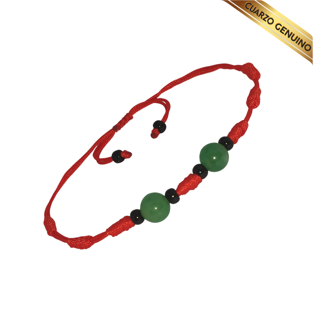 Pulsera Hilo Rojo 7 Nudos 2 Cuarzo Jaspe Verde (6 Chaquira Negra)