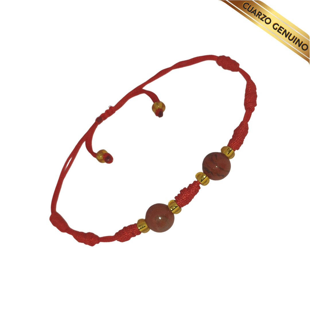 Pulsera Hilo Rojo 7 Nudos 2 Cuarzo Jaspe Rojo (6 Chaquira Dorada)