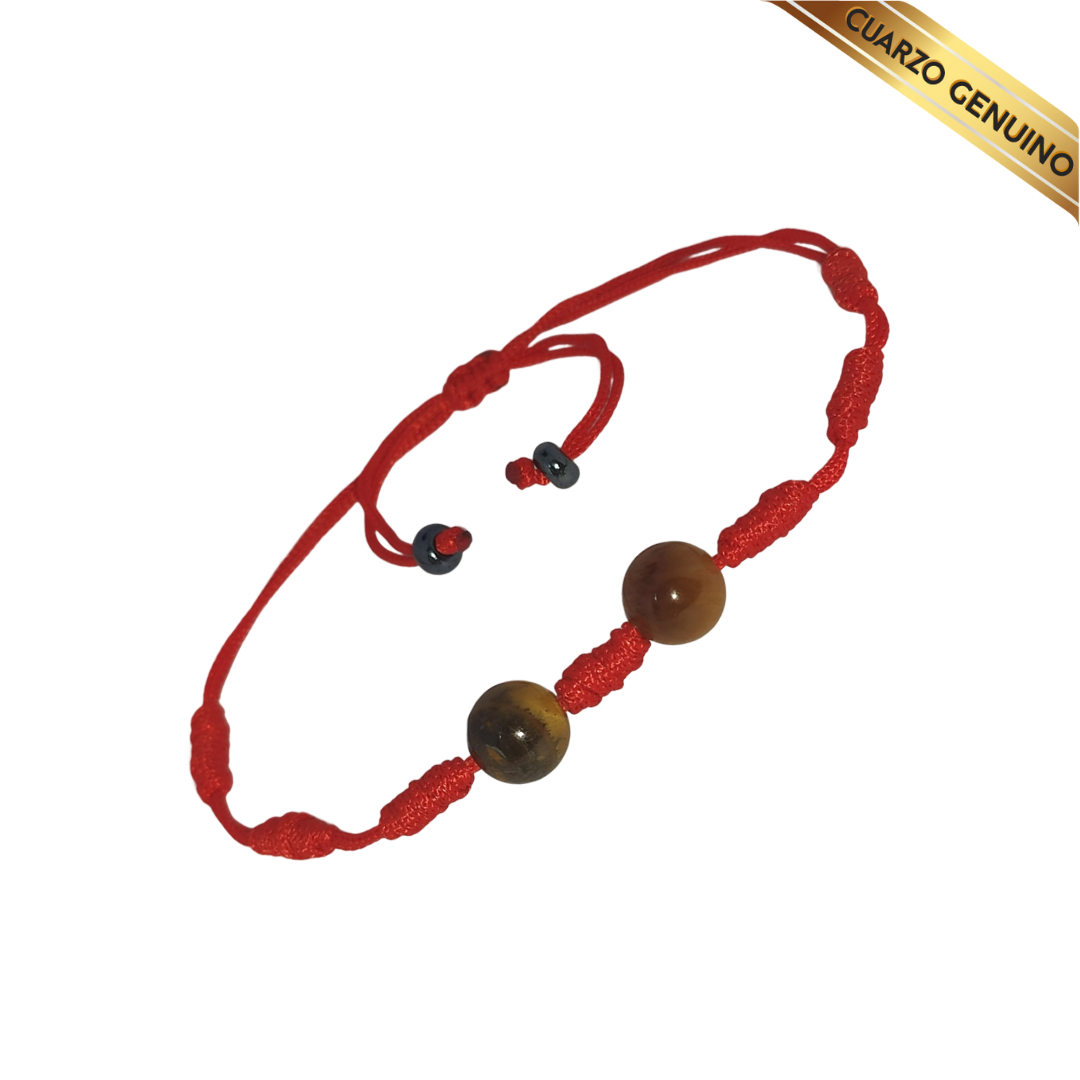Pulsera Hilo Rojo 7 Nudos 2 Cuarzo Ojo de Tigre (2 Chaquira Negra)