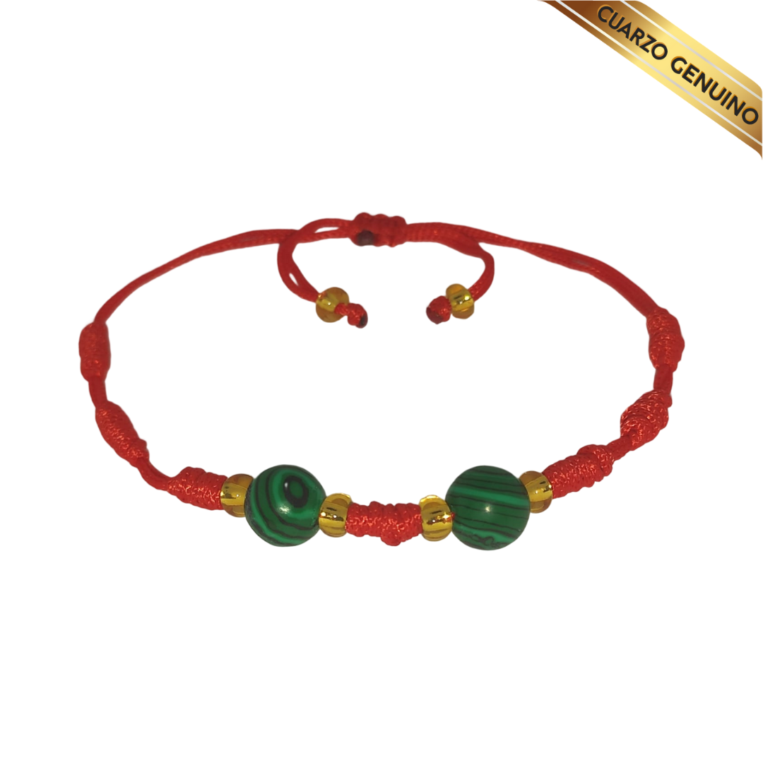 Pulsera Hilo Rojo 7 Nudos 2 Cuarzo Malaquita (6 Chaquira Dorada)