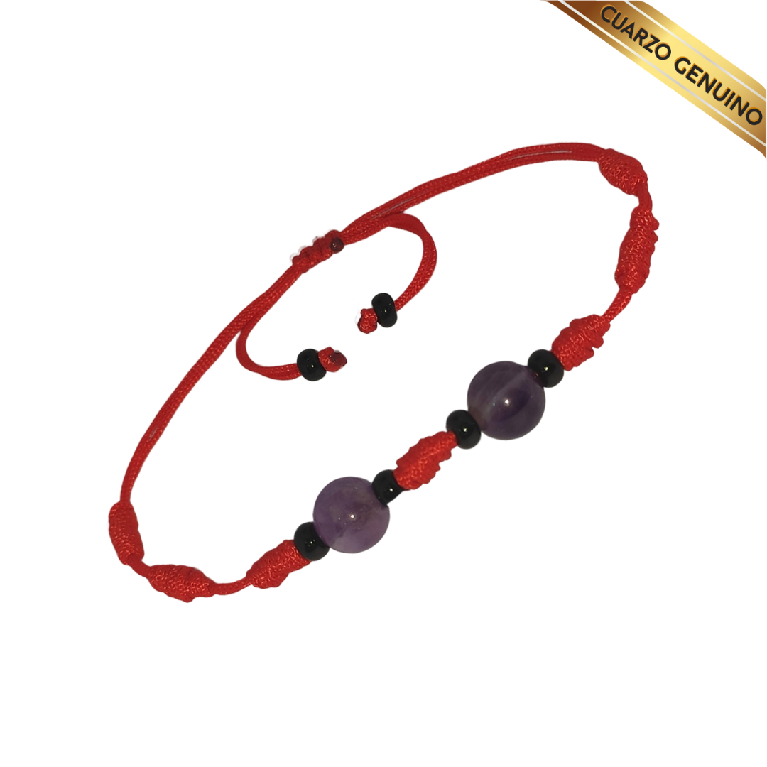 Pulsera Hilo Rojo 7 Nudos 2 Cuarzo Amatista (6 Chaquira Negra)