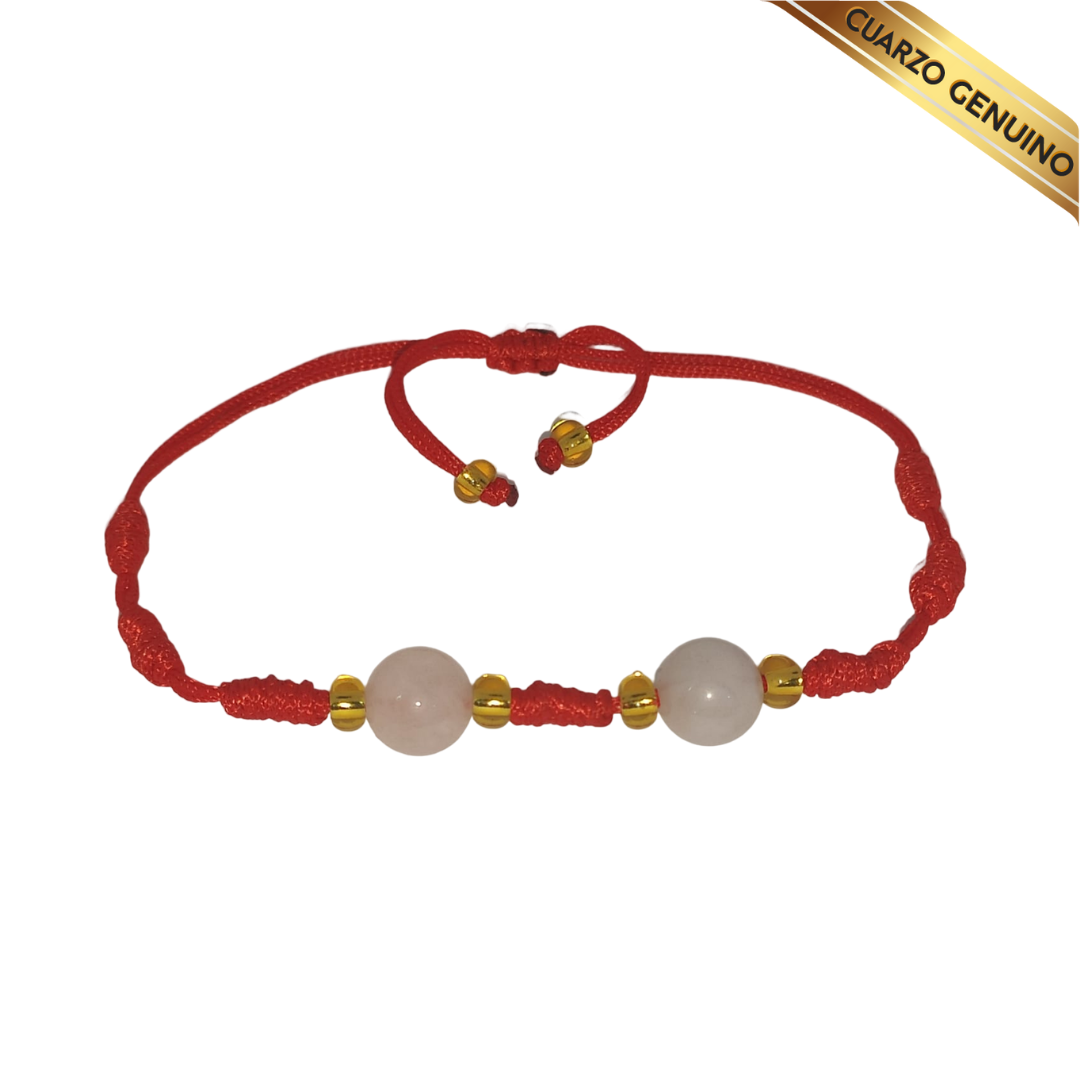 Pulsera Hilo Rojo 7 Nudos 2 Cuarzo Rosa (6 Chaquira Dorada)