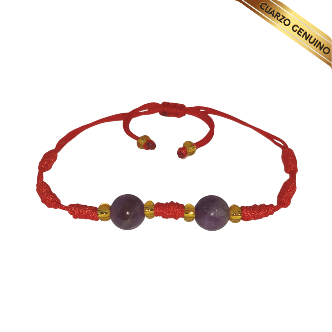 Pulsera Hilo Rojo 7 Nudos 2 Cuarzo Amatista (6 Chaquira Dorada)