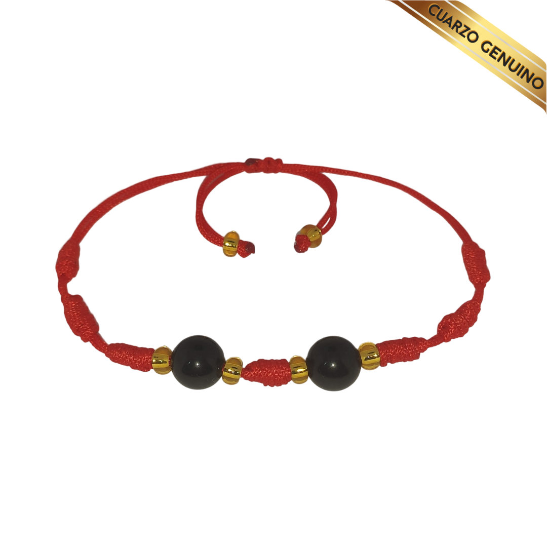 Pulsera Hilo Rojo 7 Nudos 2 Cuarzo Obsidiana Negra (6 Chaquira Dorada)