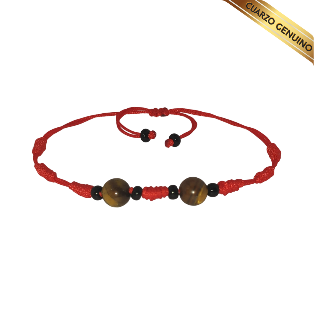 Pulsera Hilo Rojo 7 Nudos 2 Cuarzo Ojo de Tigre (6 Chaquira Negra)