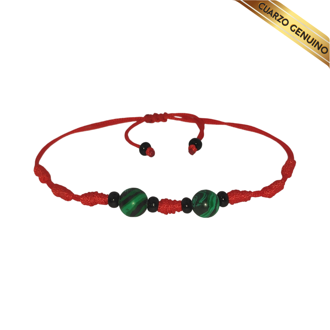 Pulsera Hilo Rojo 7 Nudos 2 Cuarzo Malaquita (6 Chaquira Negra)