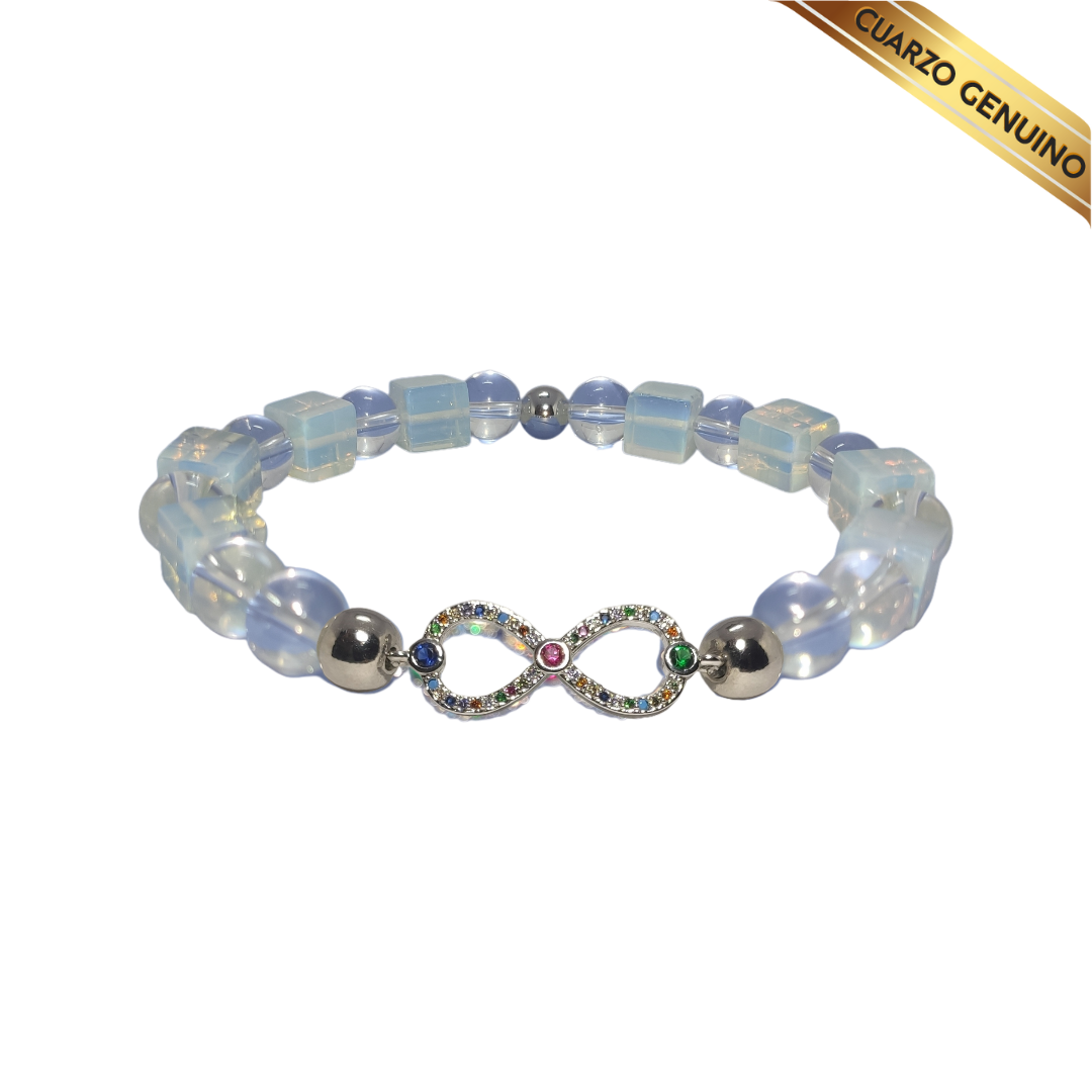 Pulsera Cuarzo Piedra Luna (Tallado en Cubo) y Cuarzo Cristal (Redondo) N° 10
