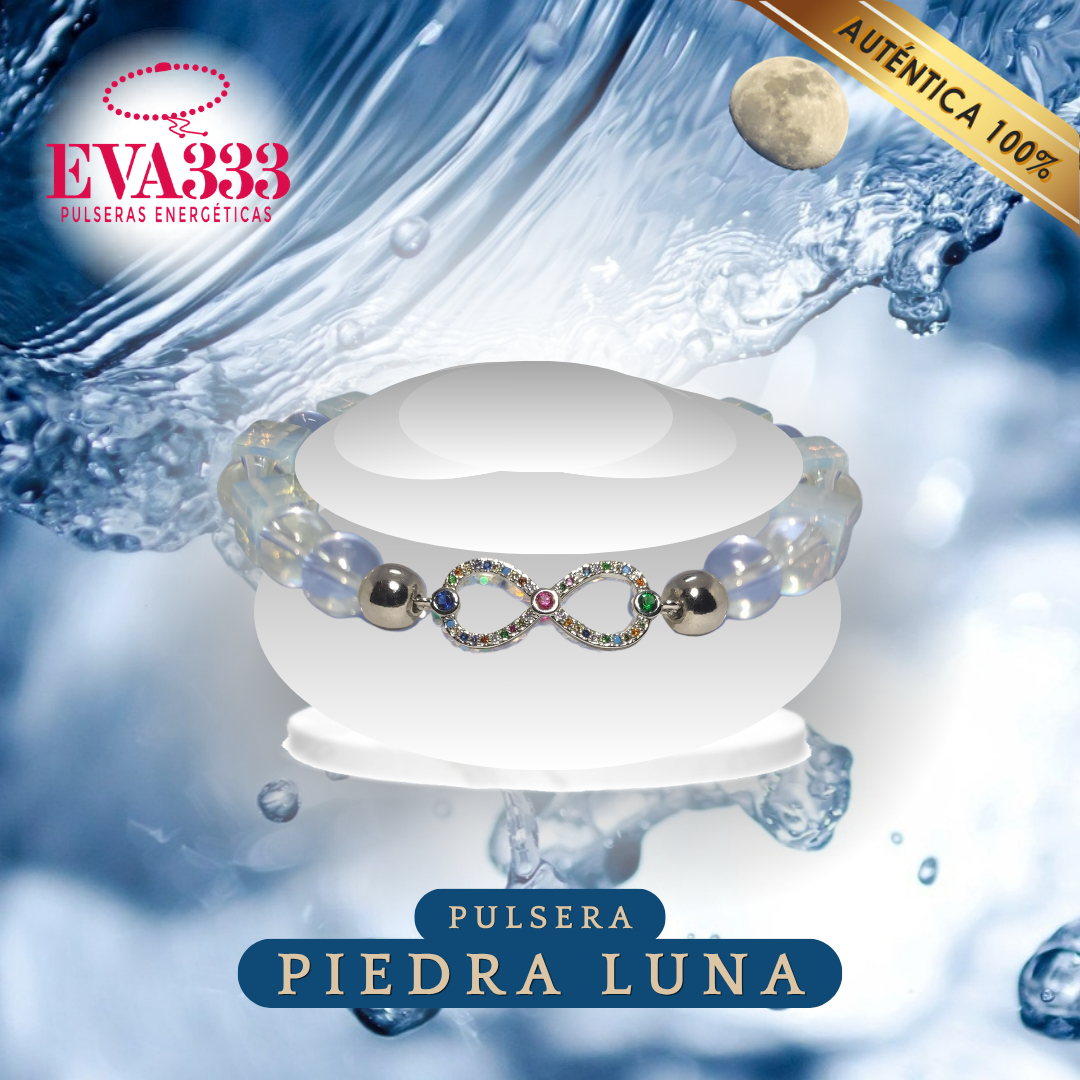 B- Pulsera Piedra Luna (Tallado en Cubo) y Cuarzo Cristal (Redondo) N° 10 - Dije Infinito Color Plateado