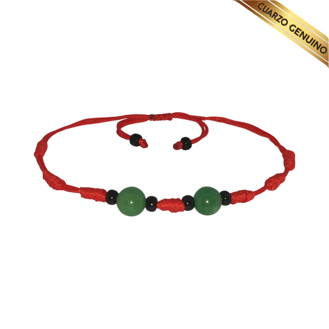 Pulsera Hilo Rojo 7 Nudos 2 Cuarzo Jaspe Verde (6 Chaquira Negra)