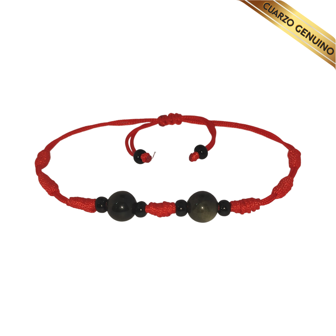 Pulsera Hilo Rojo 7 Nudos 2 Cuarzo Obsidiana Negra (6 Chaquira Negra)