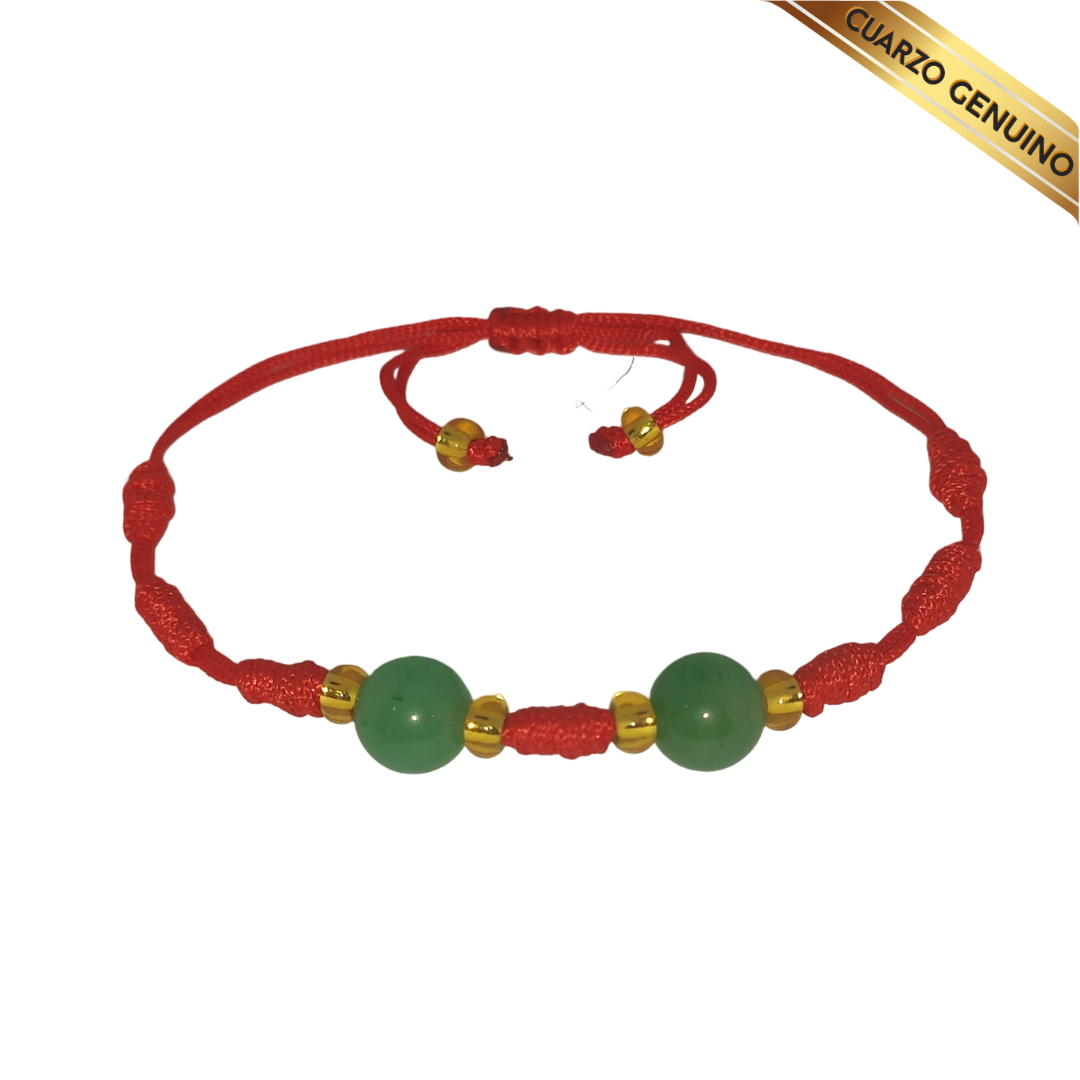 Pulsera Hilo Rojo 7 Nudos 2 Cuarzo Jaspe Verde (6 Chaquira Dorada)