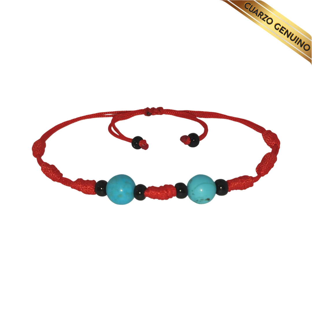 Pulsera Hilo Rojo 7 Nudos 2 Cuarzo Turquesa (6 Chaquira Negra)