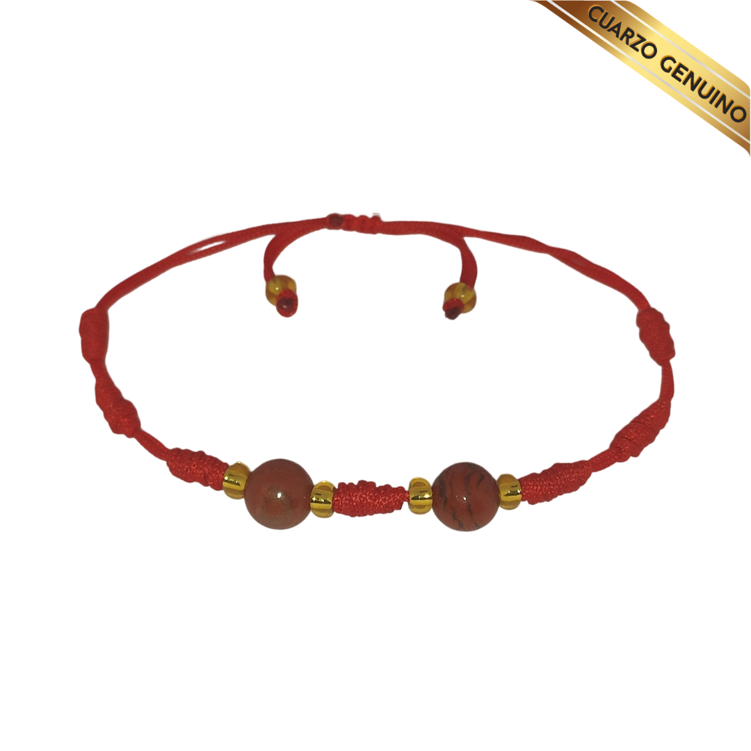 Pulsera Hilo Rojo 7 Nudos 2 Cuarzo Jaspe Rojo (6 Chaquira Dorada)
