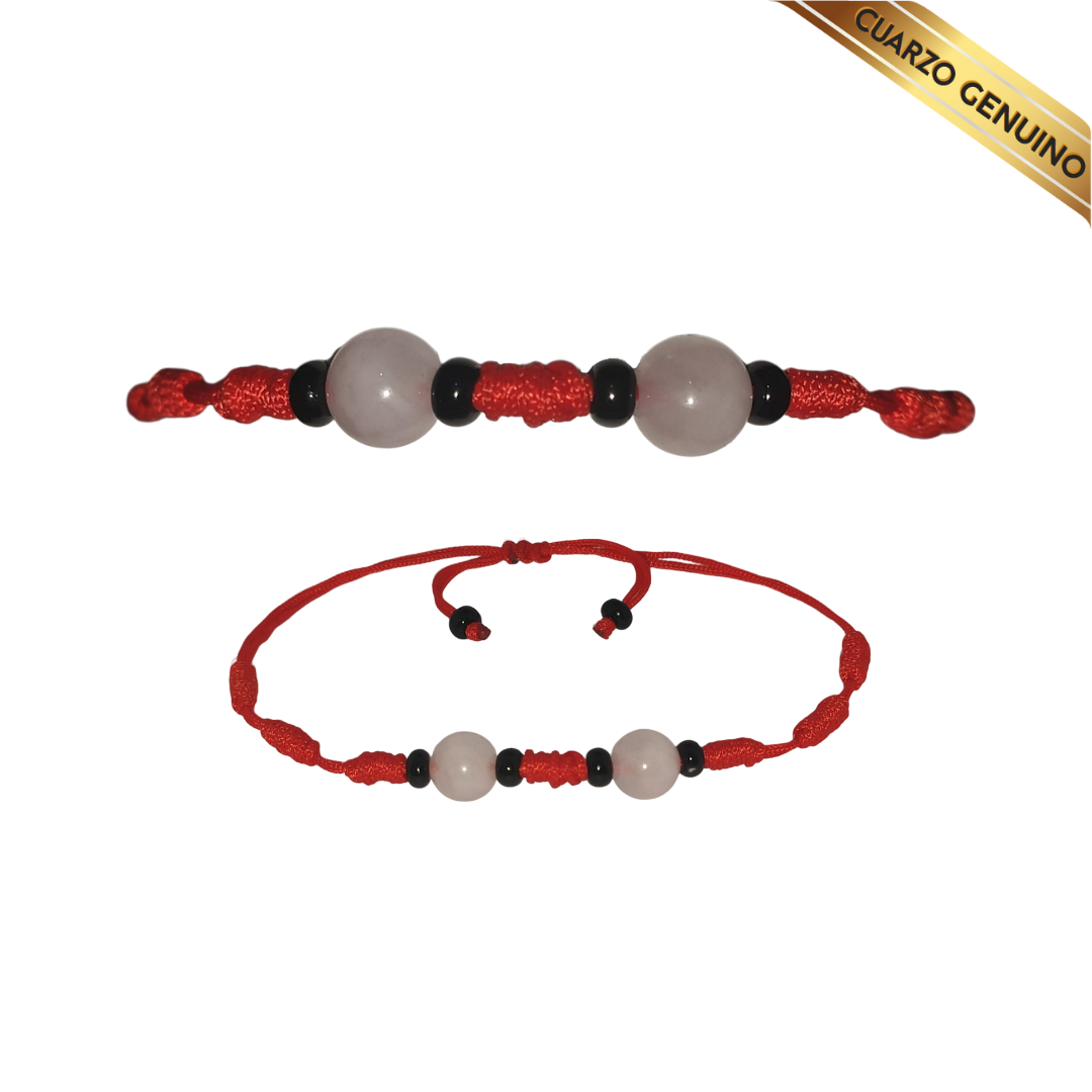 Pulsera Hilo Rojo 7 Nudos 2 Cuarzo Rosa (6 Chaquira Negra)
