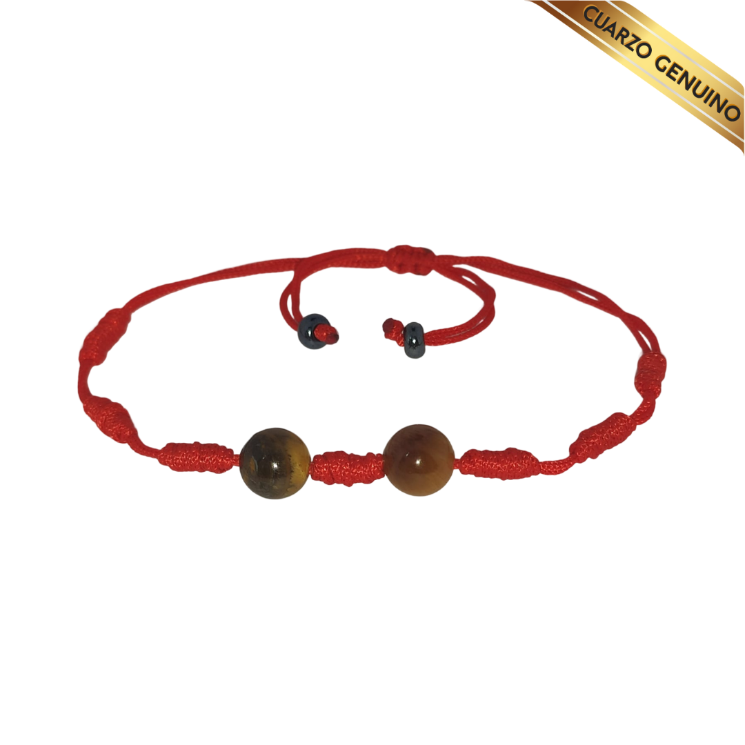 Pulsera Hilo Rojo 7 Nudos 2 Cuarzo Ojo de Tigre (2 Chaquira Dorada)