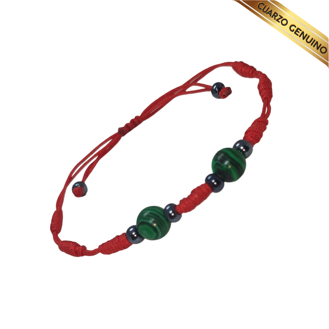 Pulsera Hilo Rojo 7 Nudos 2 Cuarzo Malaquita (6 Chaquira Negra)