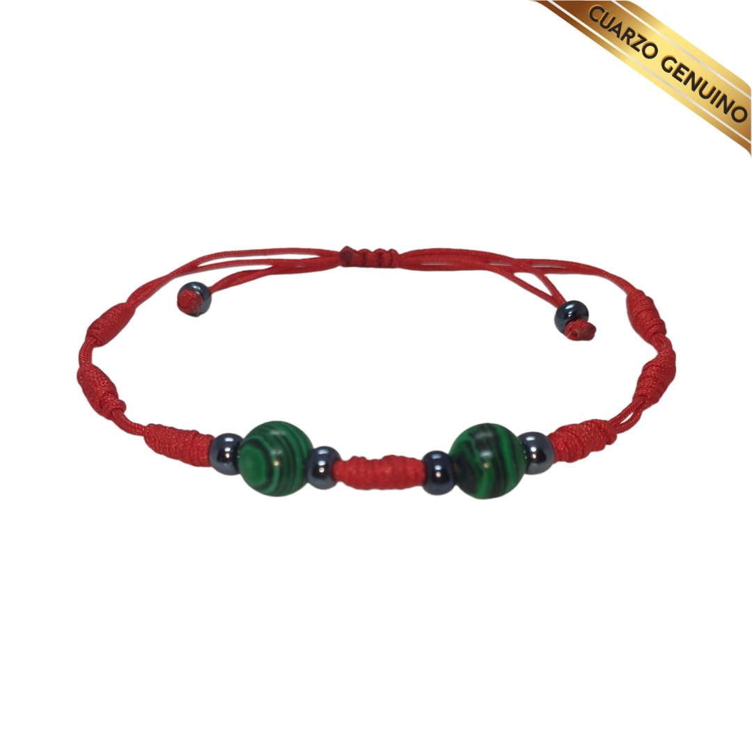 Pulsera Hilo Rojo 7 Nudos 2 Cuarzo Malaquita (6 Chaquira Negra)