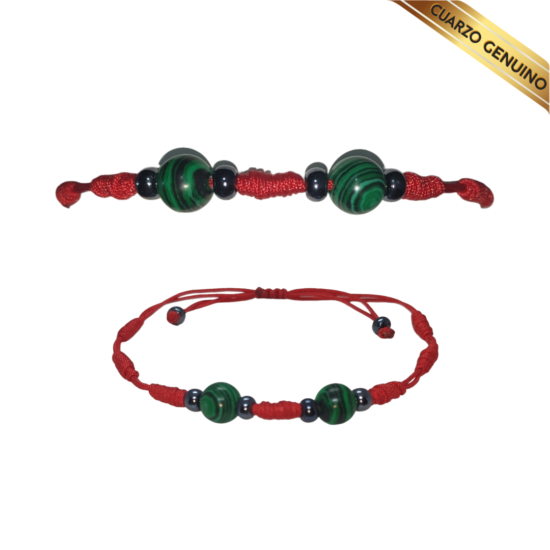 Pulsera Hilo Rojo 7 Nudos 2 Cuarzo Malaquita (6 Chaquira Negra)